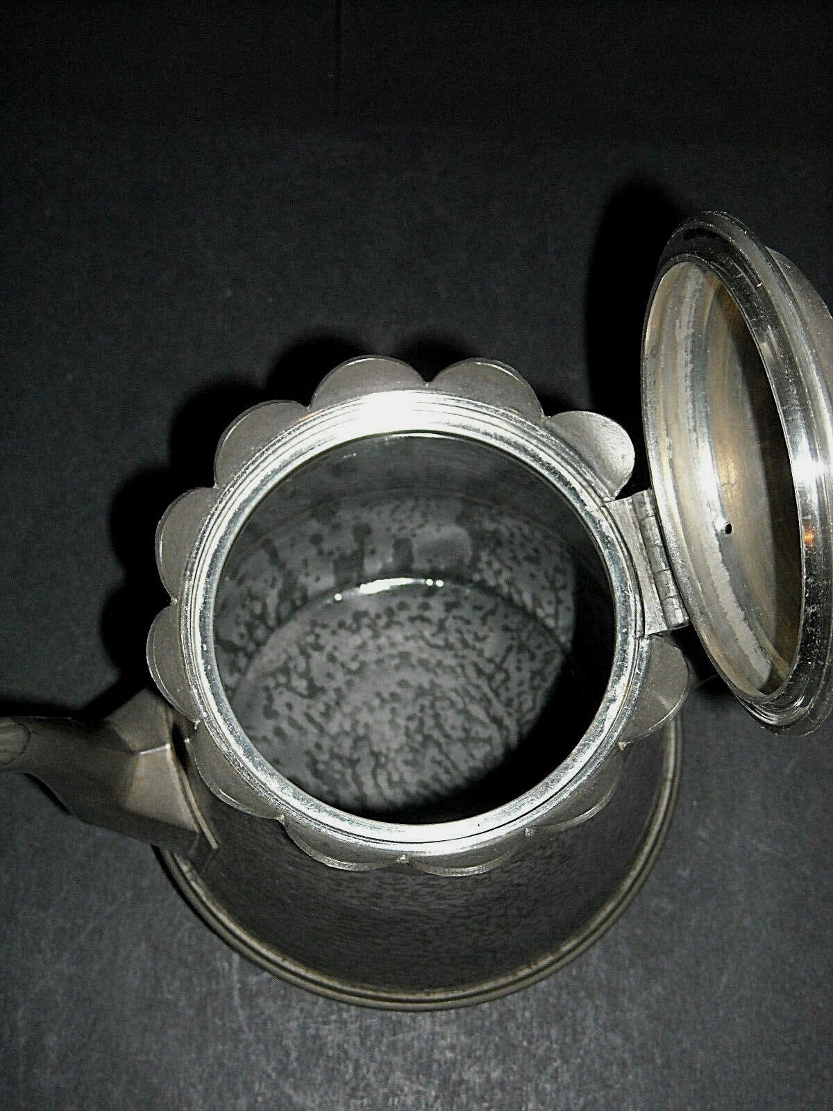 Excellent Early (1890 - 1905) Tall Grey Graniteware Teapot - Pewter Trimmed