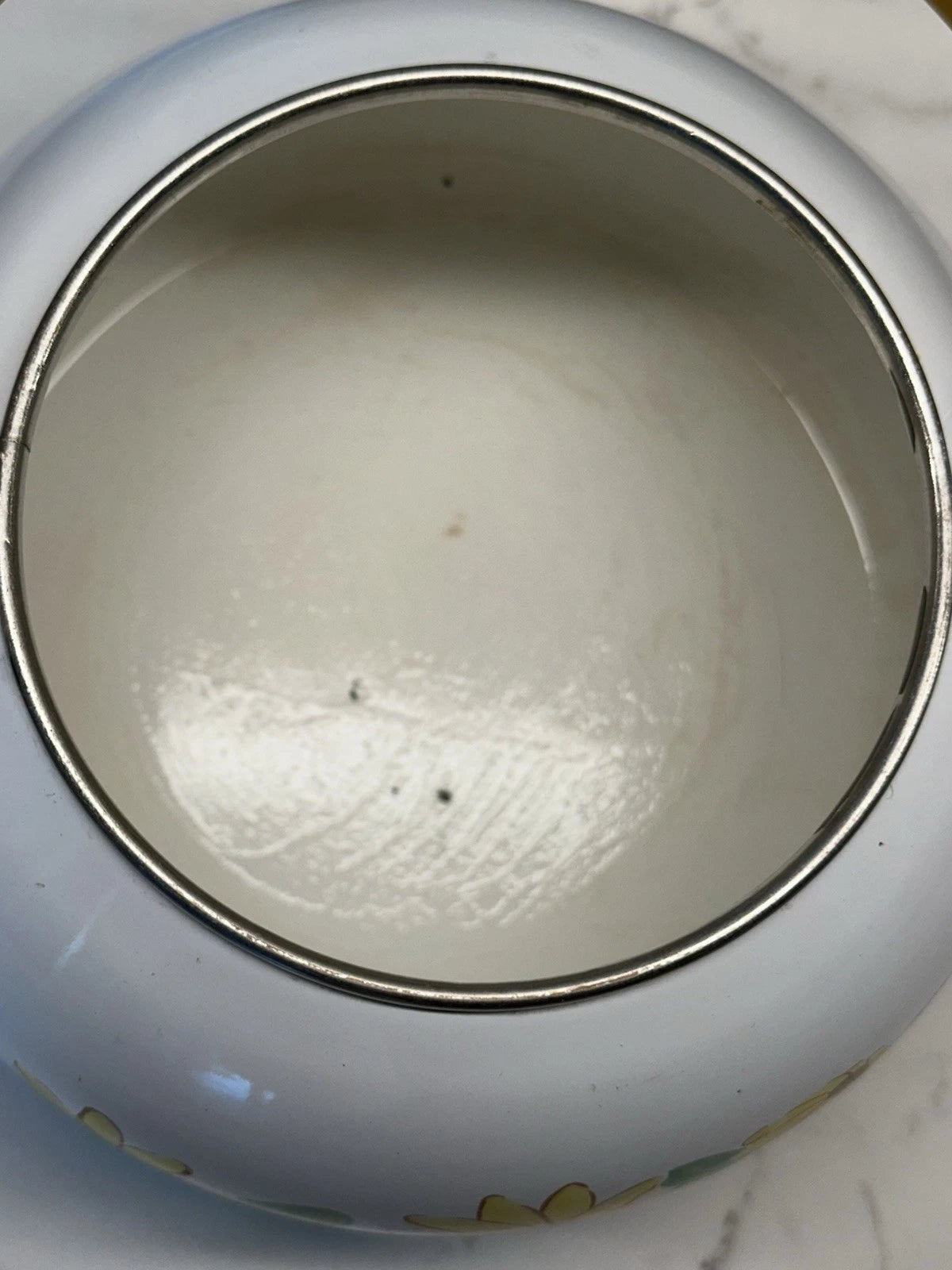 Vintage Yellow Enamel Teapot Wooden Handle Daisy Flowers MCM Retro Metal