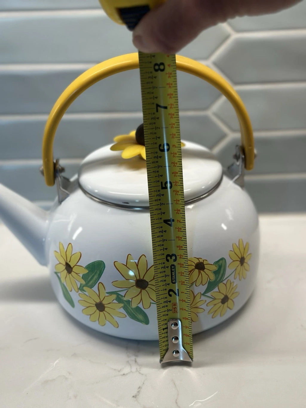 Vintage Yellow Enamel Teapot Wooden Handle Daisy Flowers MCM Retro Metal
