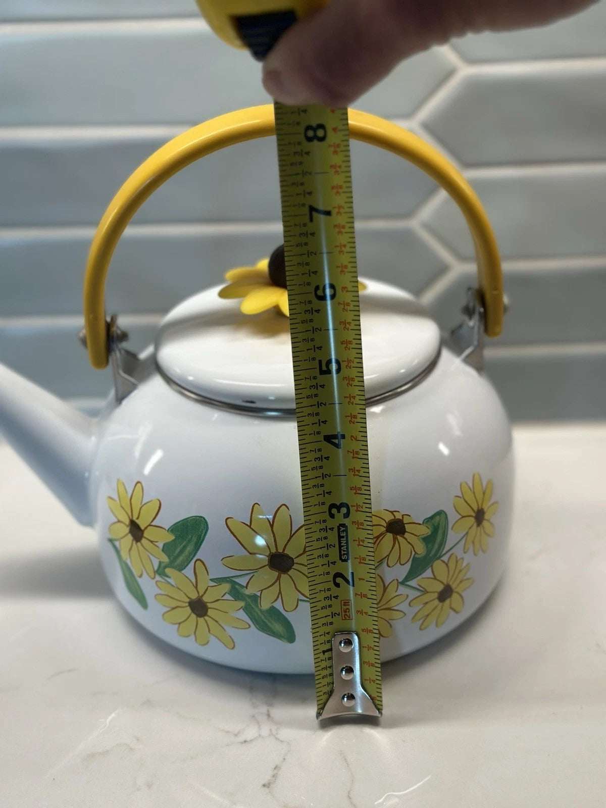 Vintage Yellow Enamel Teapot Wooden Handle Daisy Flowers MCM Retro Metal