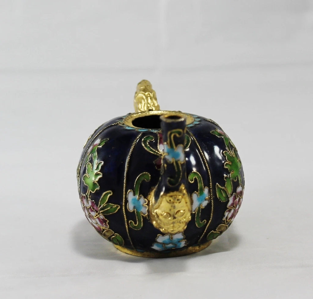 Miniature Cobal Blue Enamel Gilded Cloisonne Colorful Floral Teapot no Lid Cute