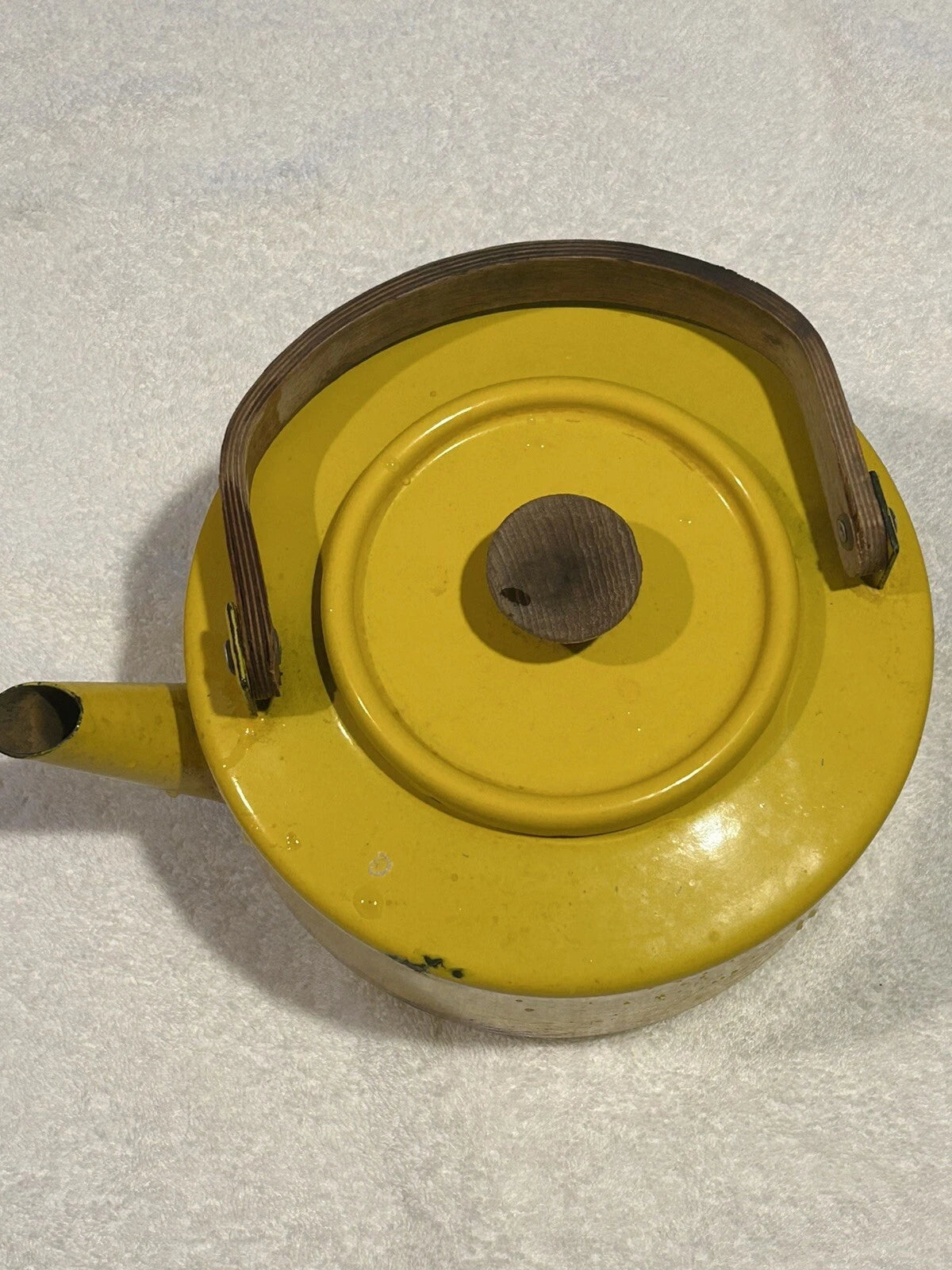 Enamelware Yellow teapot w wooden bentwood handle Copco Michael Lax Kettle retro