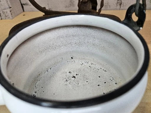 Vintage Enamel Folk Art Tea Pot With Cast Iron Stand