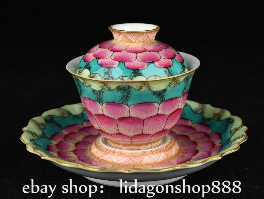6.2" Old Chinese Qianlong Enamel Porcelain Lotus Flower Lid Tea Plate Tray