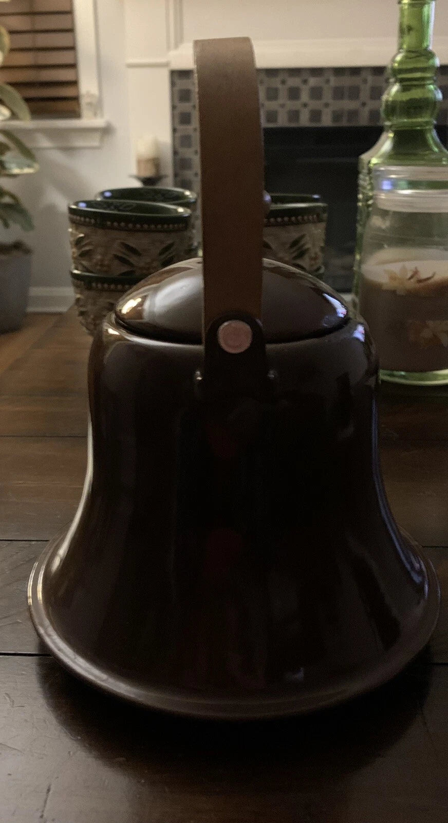 Brown Enamel Vintage  Tea Kettle W/ Wooden Handle Tiny Chip On Lid & Rim