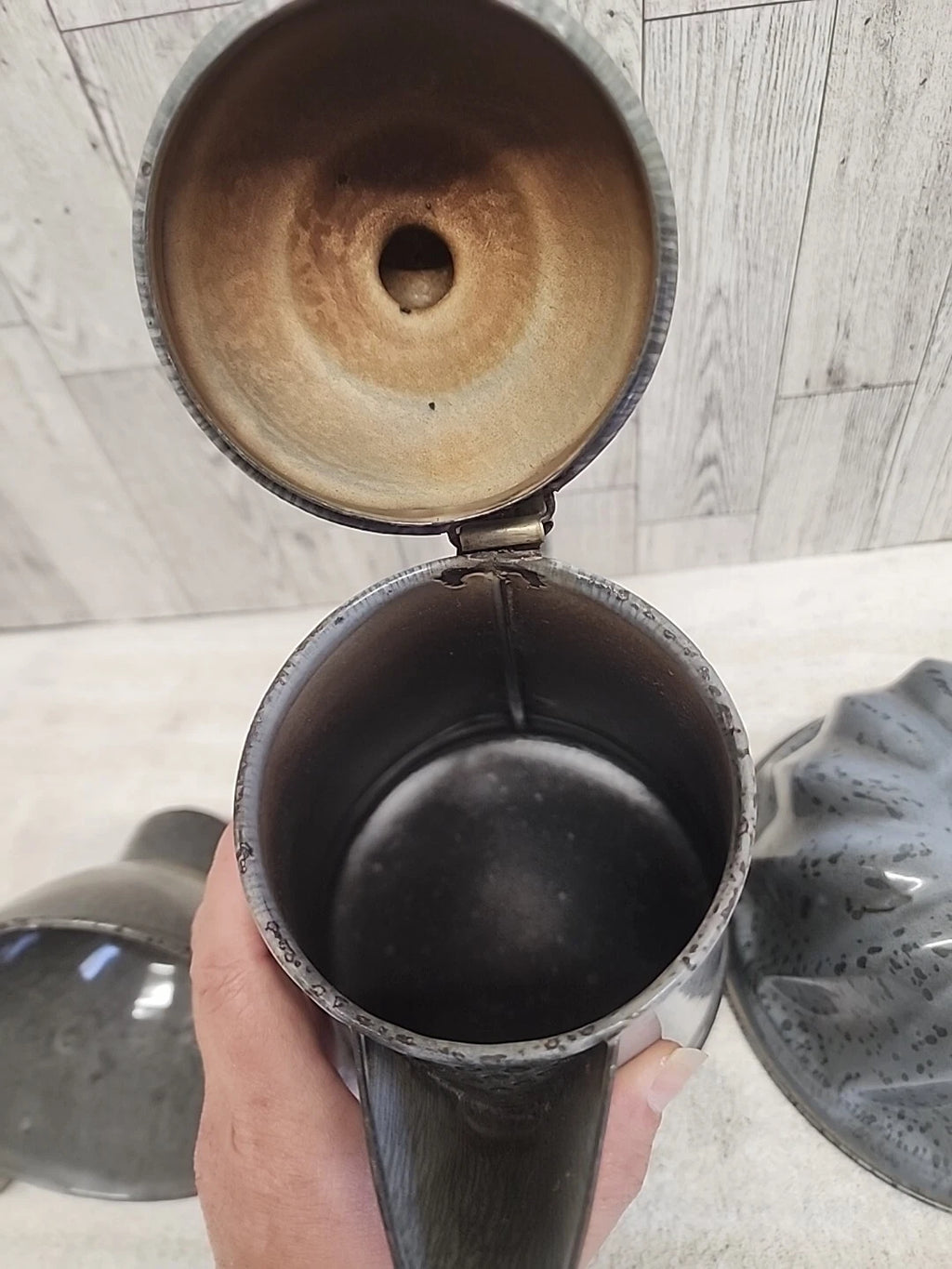 Stunning Vtg Grey Enamel Splatterware Lot Agate Can. Spout Teapot Bundt Pan Farm