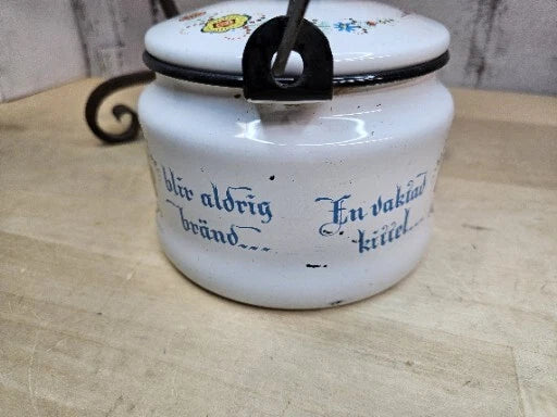 Vintage Enamel Folk Art Tea Pot With Cast Iron Stand