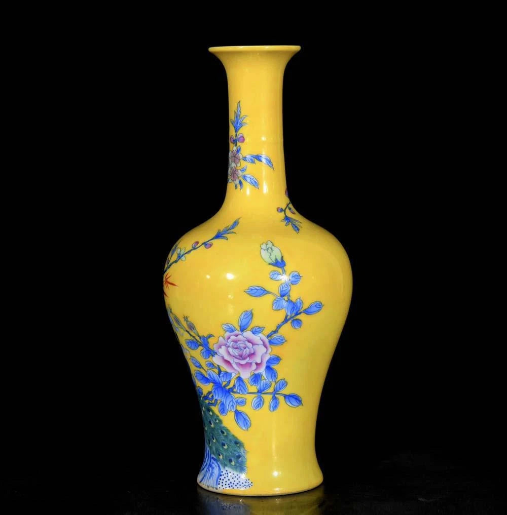 Qianlong Signed Pair Old Chinese Colour Enamel Vase W/peacock N3685