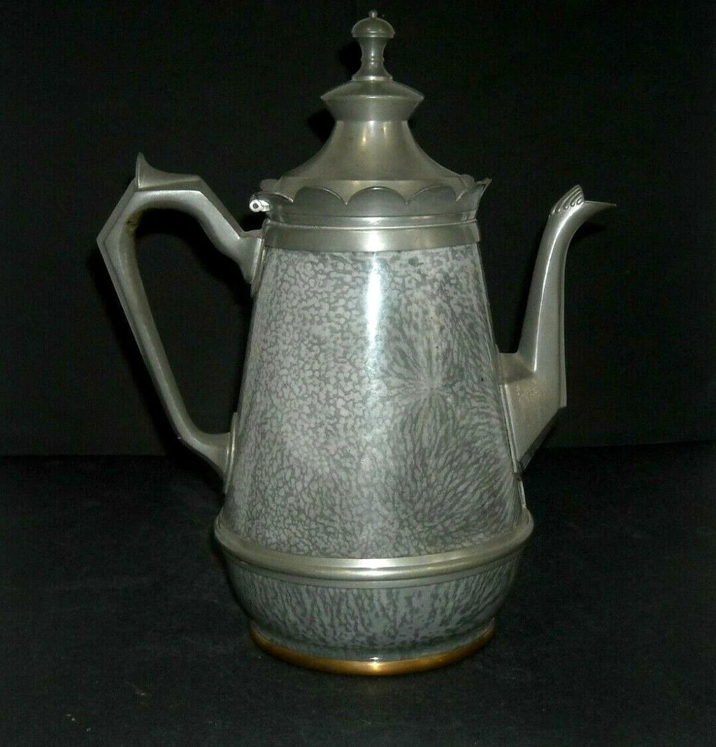 Early (1890 - 1905) Pewter-Trimmed Grey Graniteware Teapot - Enamel Ware