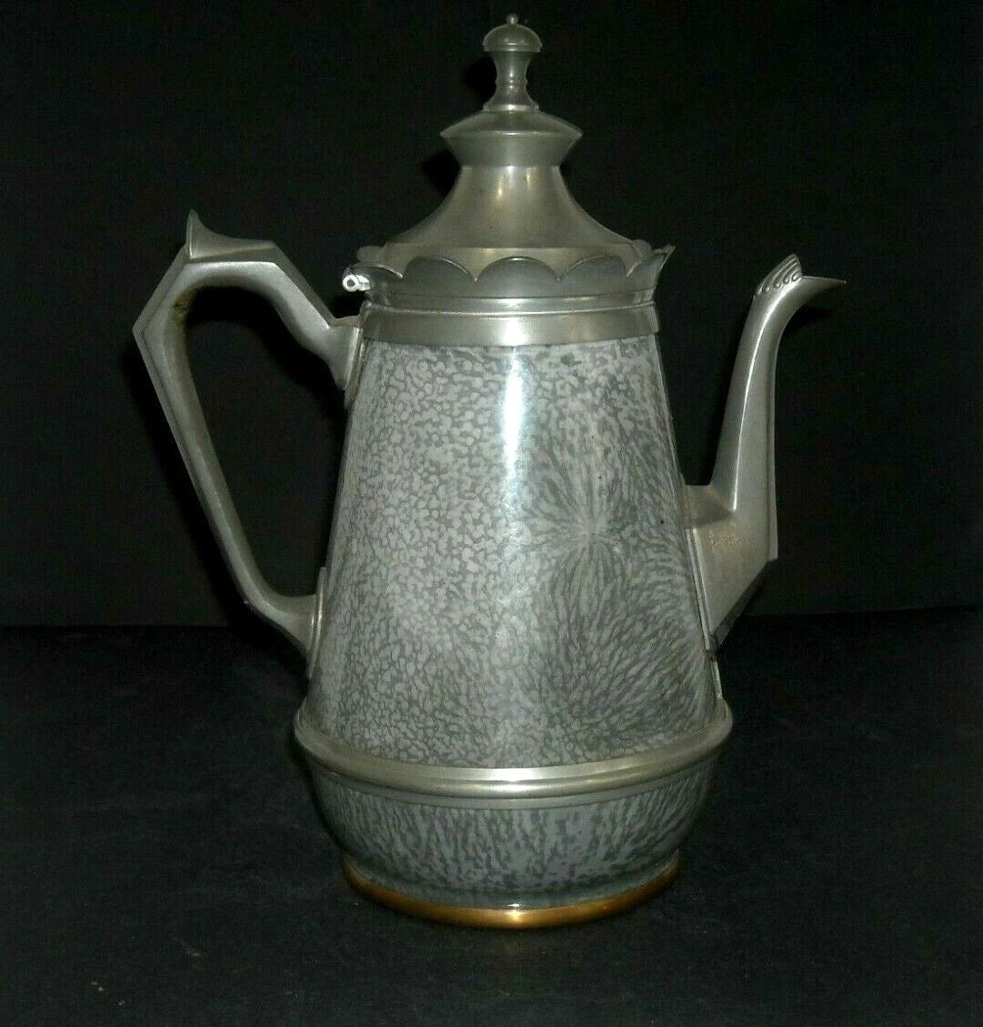 Early (1890 - 1905) Pewter-Trimmed Grey Graniteware Teapot - Enamel Ware
