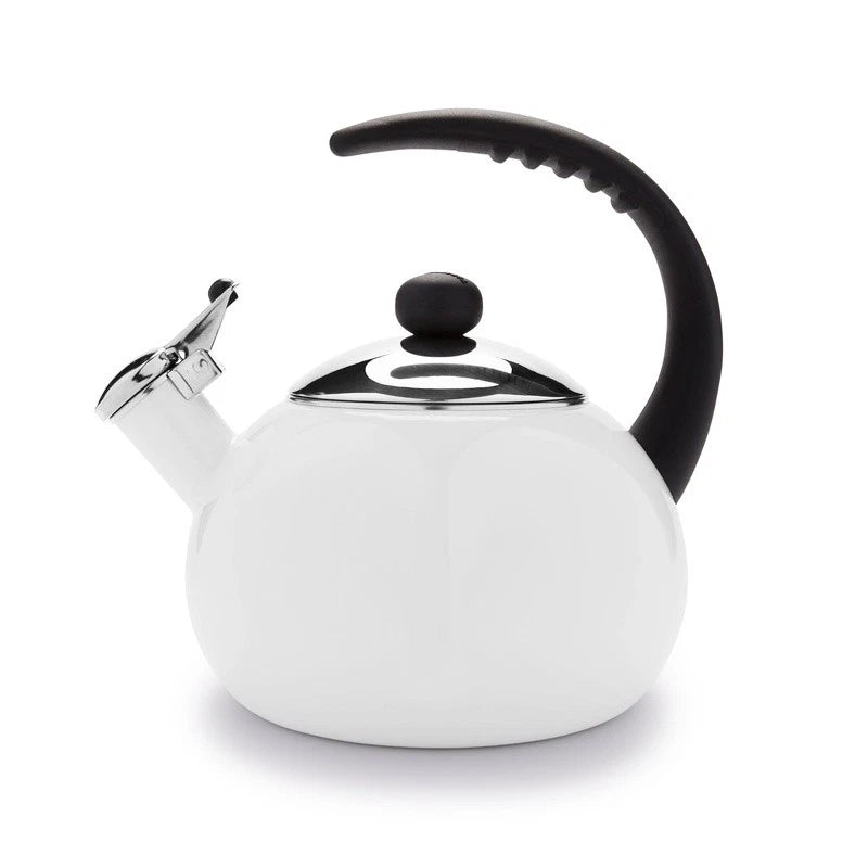 Porcelain Enamel Tea Kettle Stainless Steel Lid Bakelite Handle Stay Cool White