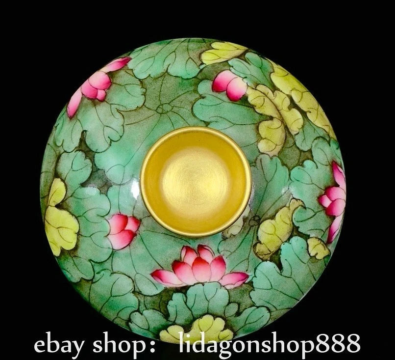 5" Qianlong Marked Enamel Porcelain Lotus Flower Leaf Pattern Lid Cup Plate Set