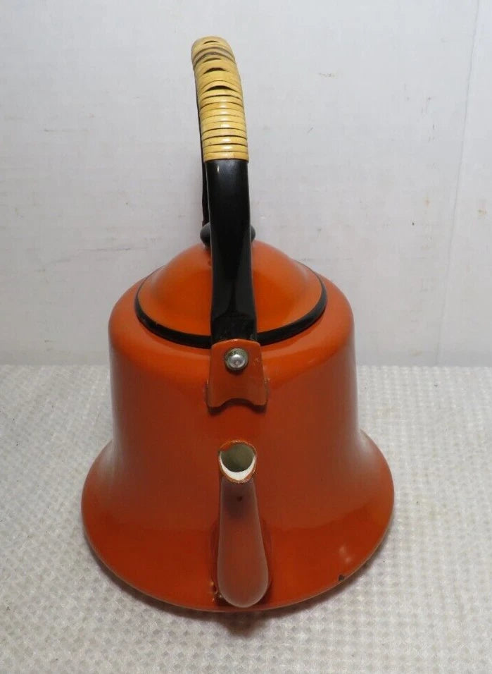 Vintage MCM Orange Black Baked Enamelware Tea Pot Kettle Japan Mod Kitchen