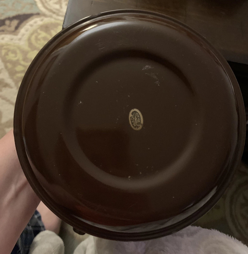 Brown Enamel Vintage  Tea Kettle W/ Wooden Handle Tiny Chip On Lid & Rim