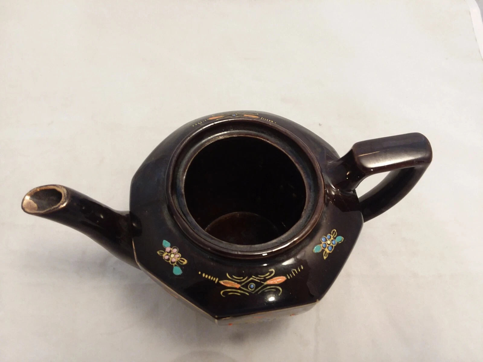 Japan Vintage Black Glazed Tea Pot Hand-painted Design Flowers Gold Trim Hexagon
