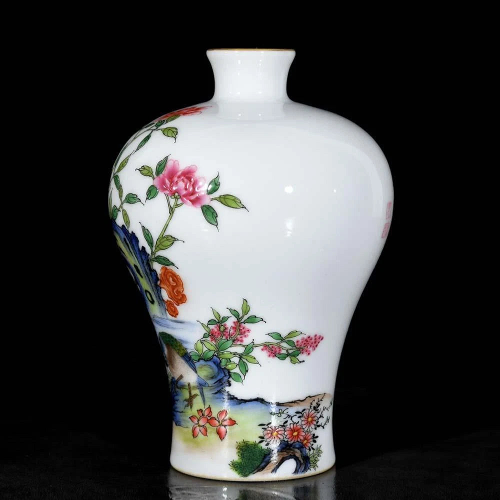 Yongzheng Signed Old Chinese Colour Enamel Vase W/bird N3639