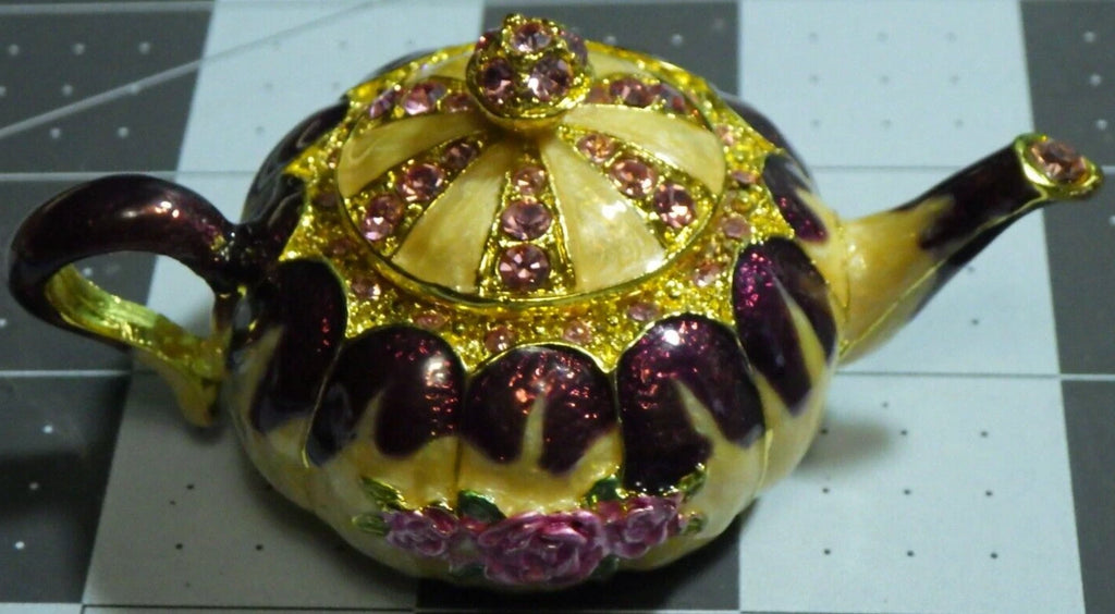 beautiful teapot trinket pill box enamel pink rhinestone roses lidded heavy