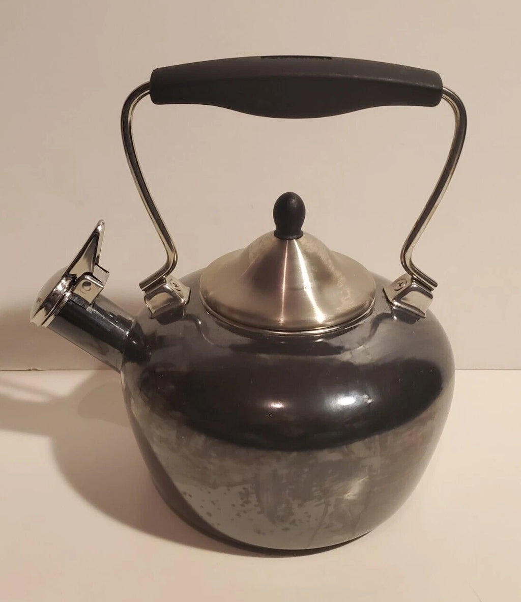 CHANTAL WHISTLING TEA KETTLE WHISTLER BLACK ENAMEL STAINLESS STEEL BLUE INTERIOR