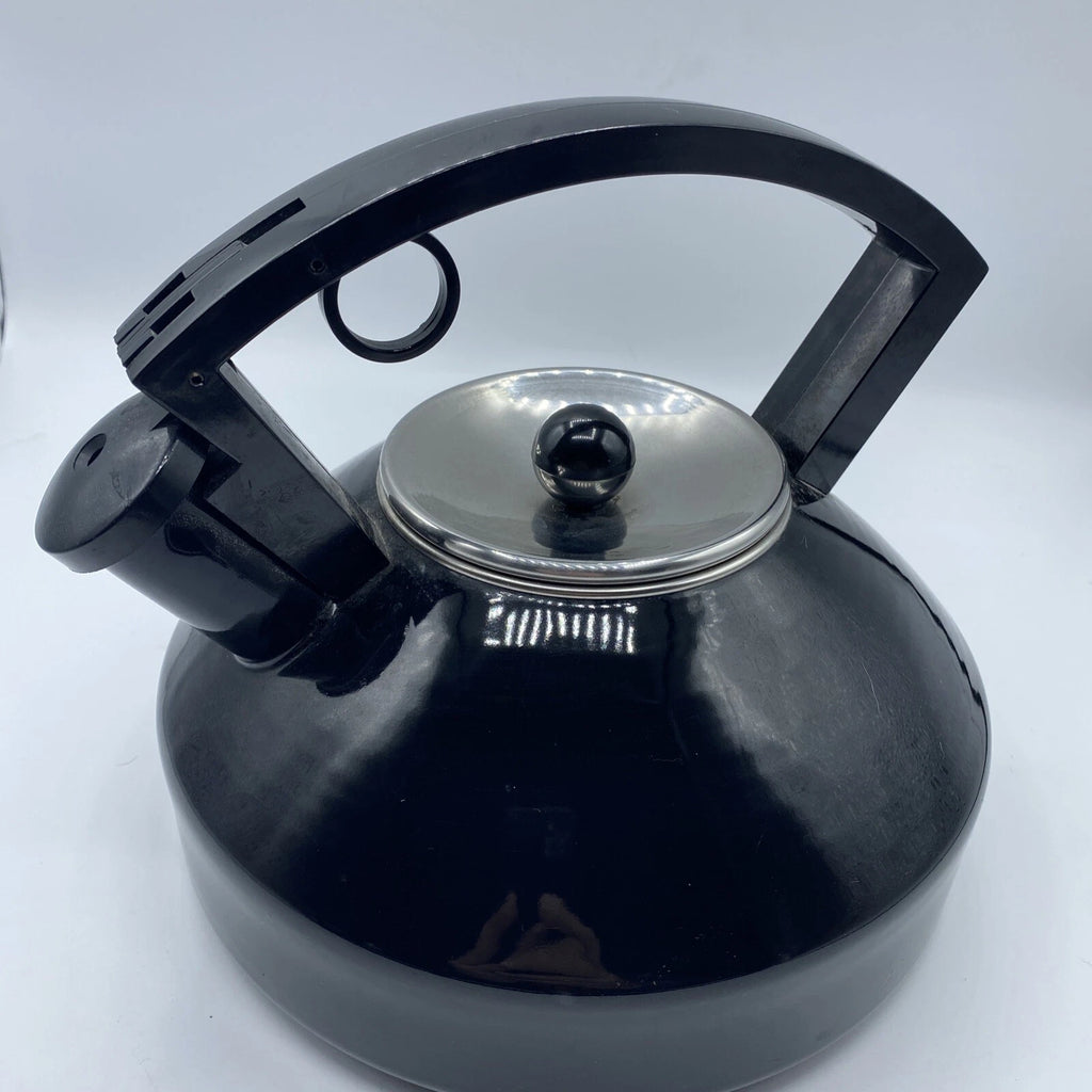 Vintage Black Enamel Tea Kettle Metal Sleek Design Silver Lid Black Knob