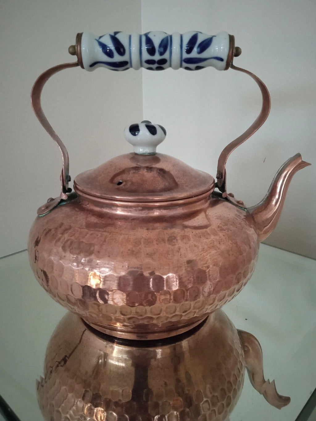 Old Vtg Copper Teapot Kettle Measuring Cup Creamer LOT of 2 Enamel Handle