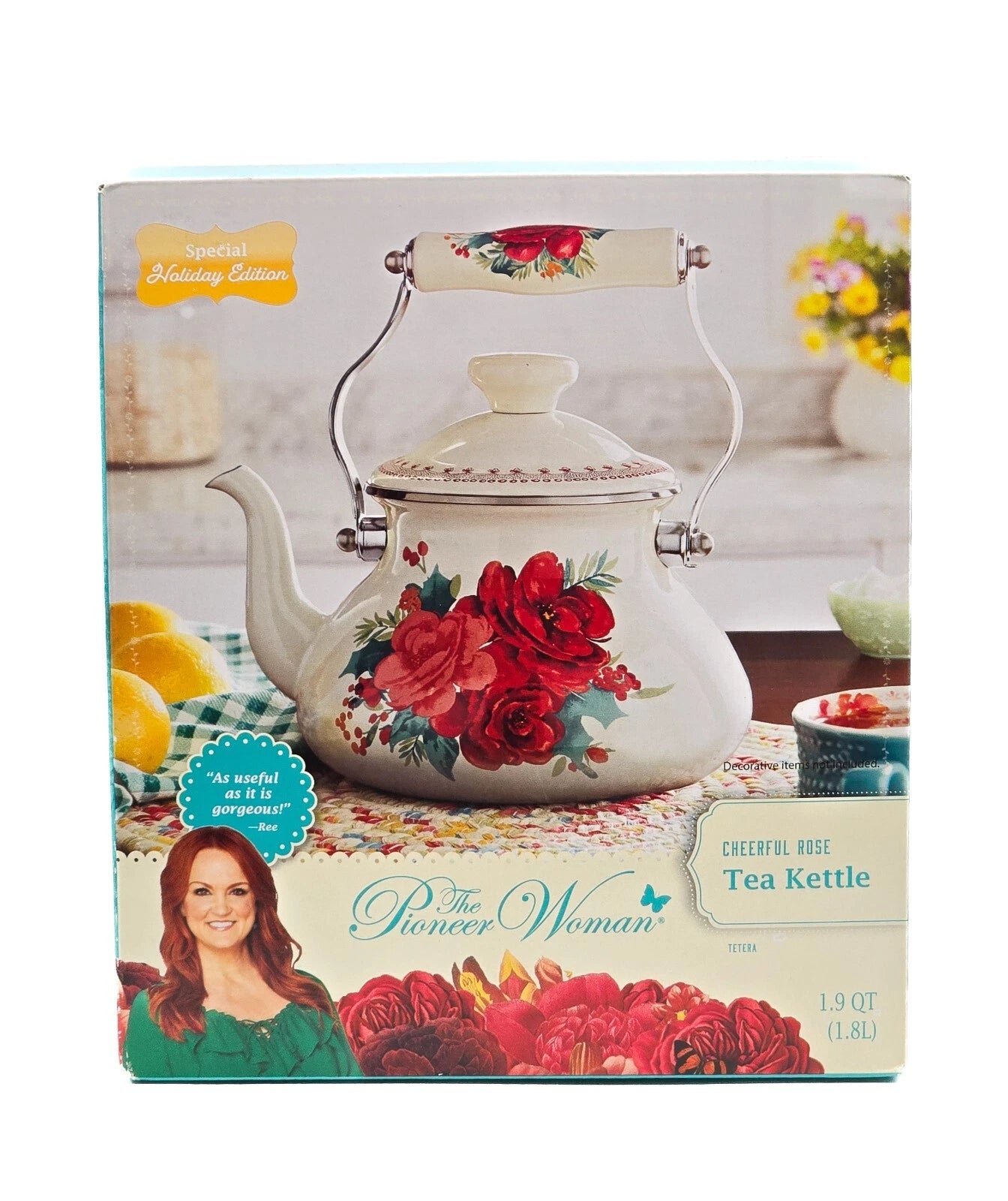 Pioneer Woman Teapot Kettle 1.9 Quart Farmhouse Decor Cheerful Rose Ree Drummond