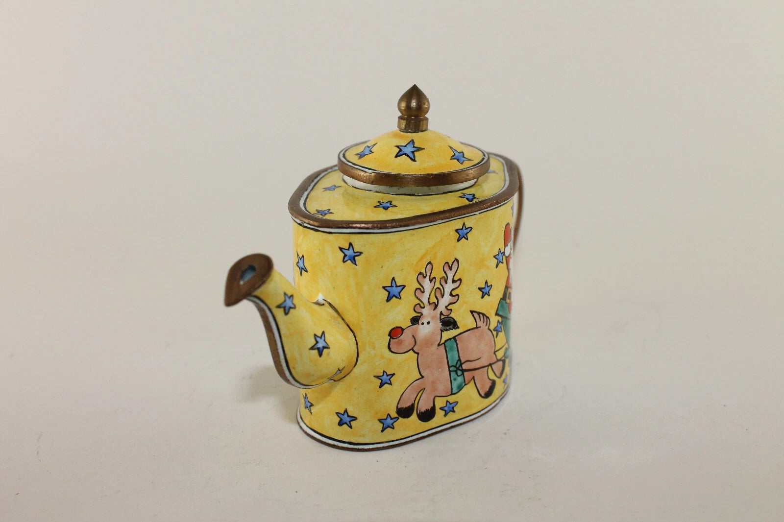 Vintage Collectible Kelvin Chen Enamel Miniature Yellow Teapot Santa w Reindeer