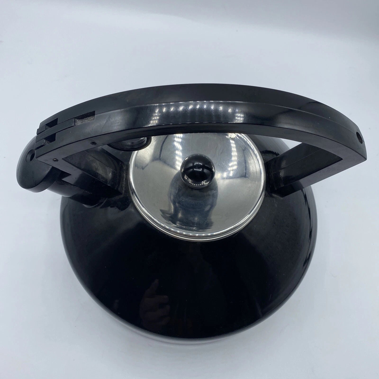 Vintage Black Enamel Tea Kettle Metal Sleek Design Silver Lid Black Knob