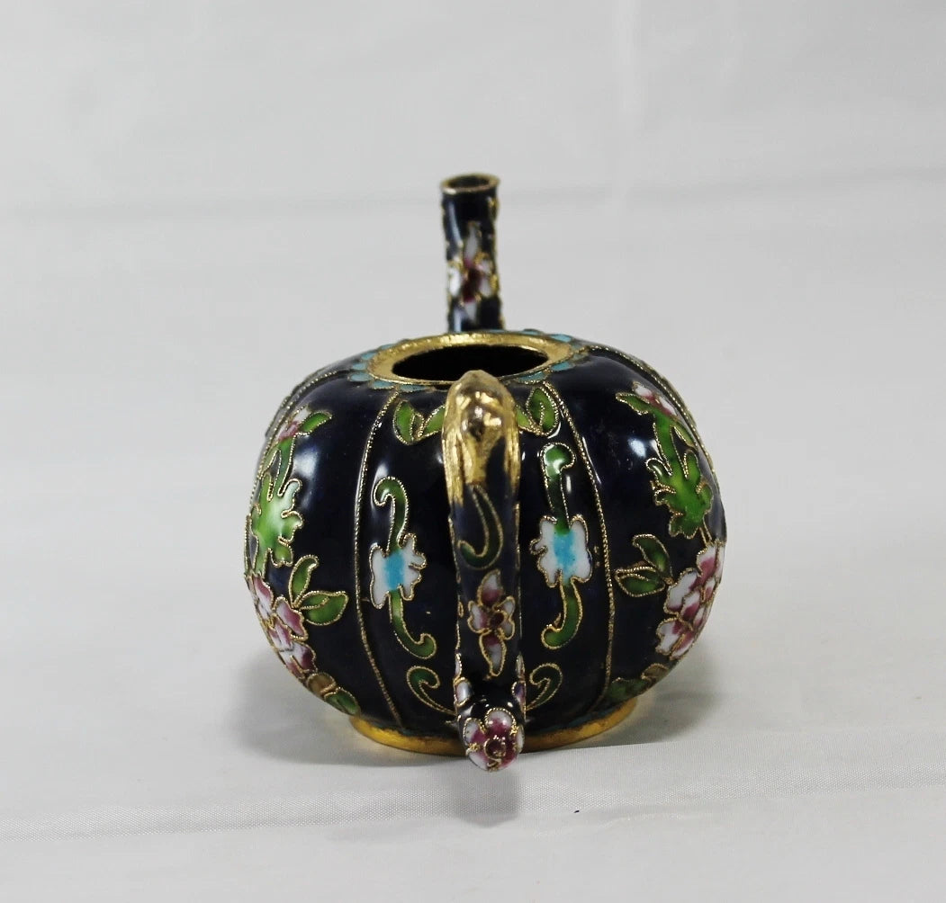 Miniature Cobal Blue Enamel Gilded Cloisonne Colorful Floral Teapot no Lid Cute
