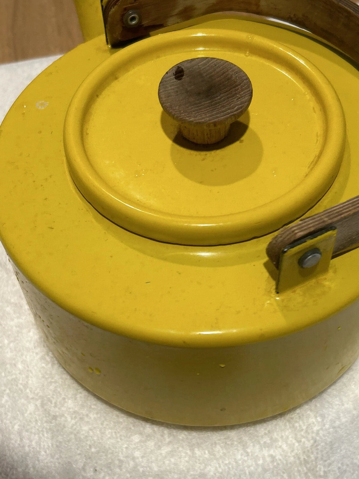 Enamelware Yellow teapot w wooden bentwood handle Copco Michael Lax Kettle retro