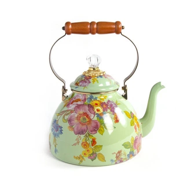 New MacKenzie-Childs Green Flower Market Tea Pot Kettle Wood Handle 2Qt NIB