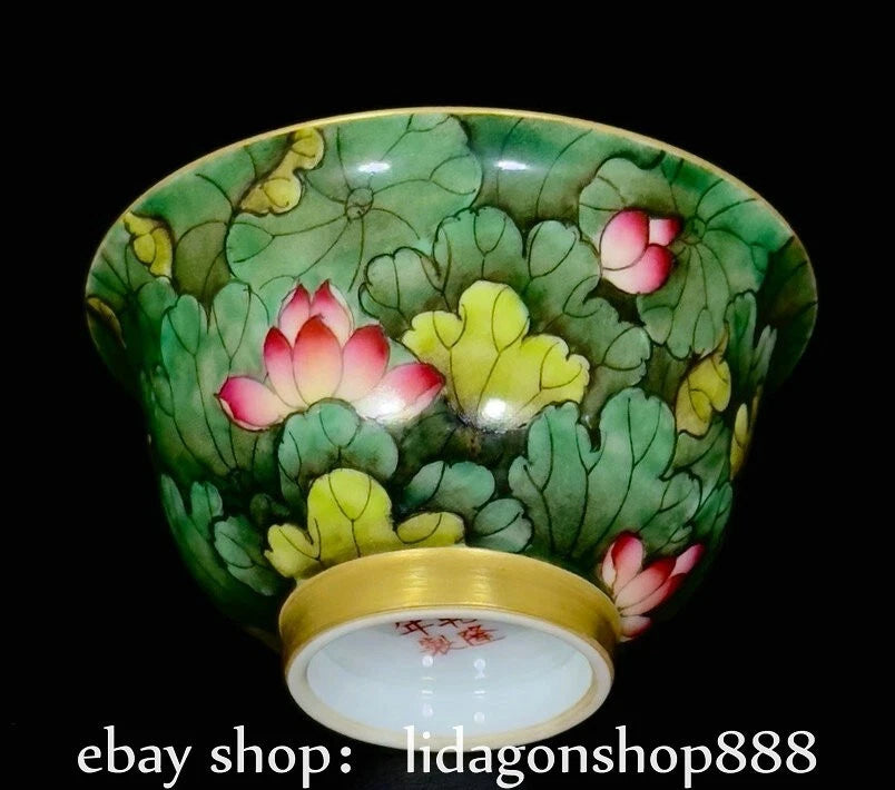 5" Qianlong Marked Enamel Porcelain Lotus Flower Leaf Pattern Lid Cup Plate Set