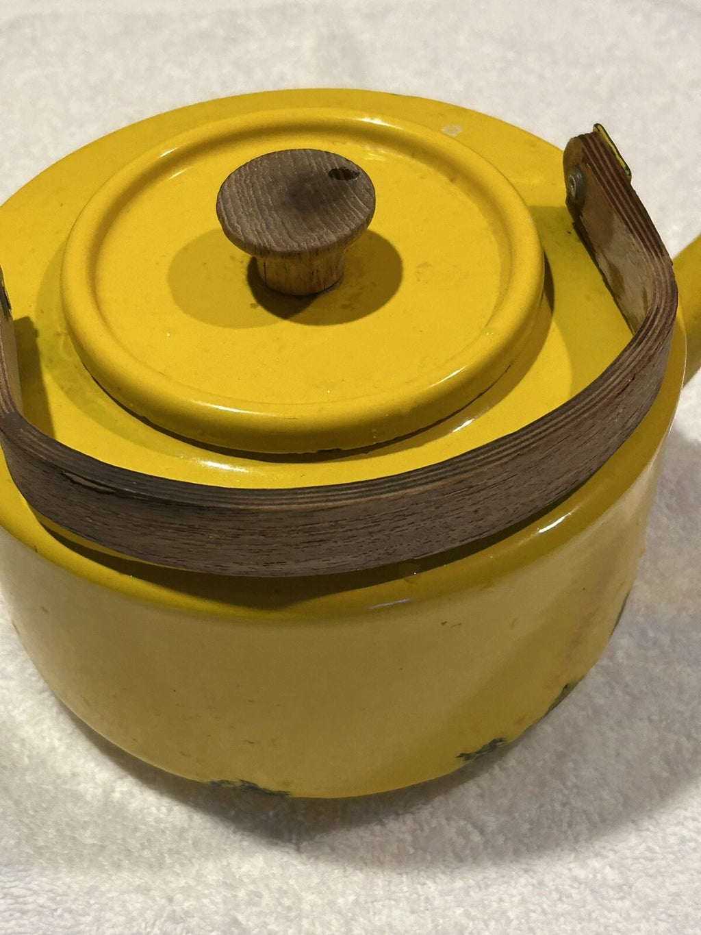 Enamelware Yellow teapot w wooden bentwood handle Copco Michael Lax Kettle retro