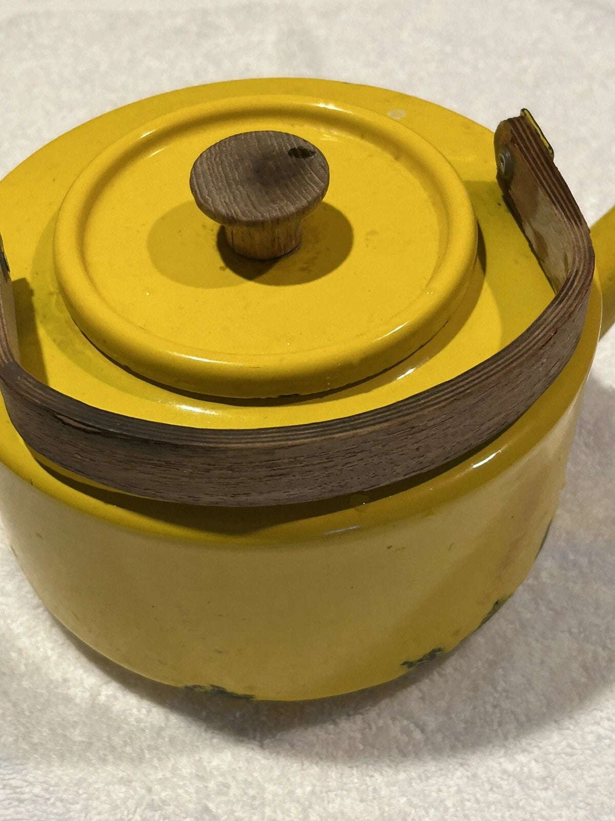 Enamelware Yellow teapot w wooden bentwood handle Copco Michael Lax Kettle retro