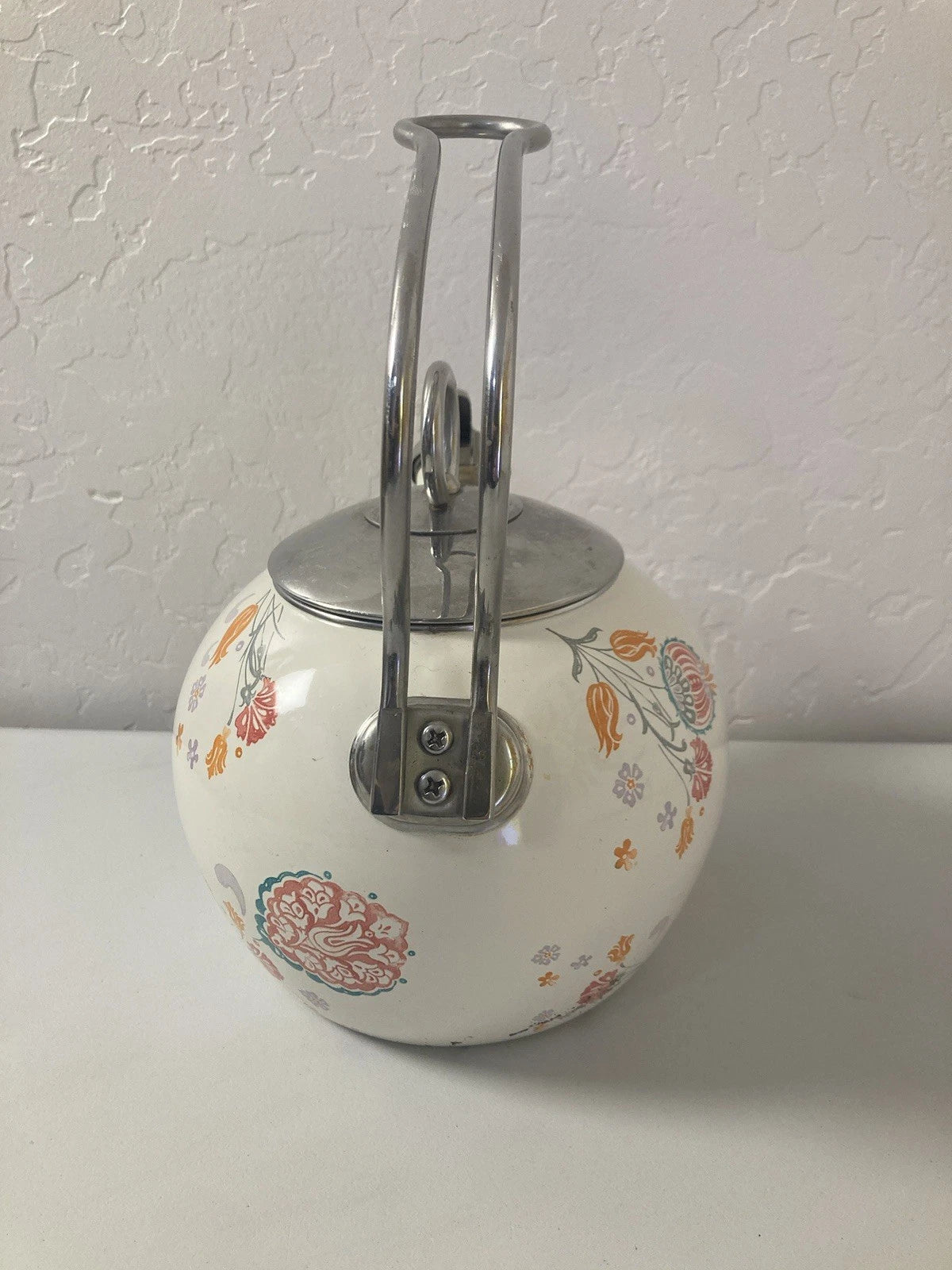 World Market White Orange Floral Pattern Oven Safe Tea Pot Kettle