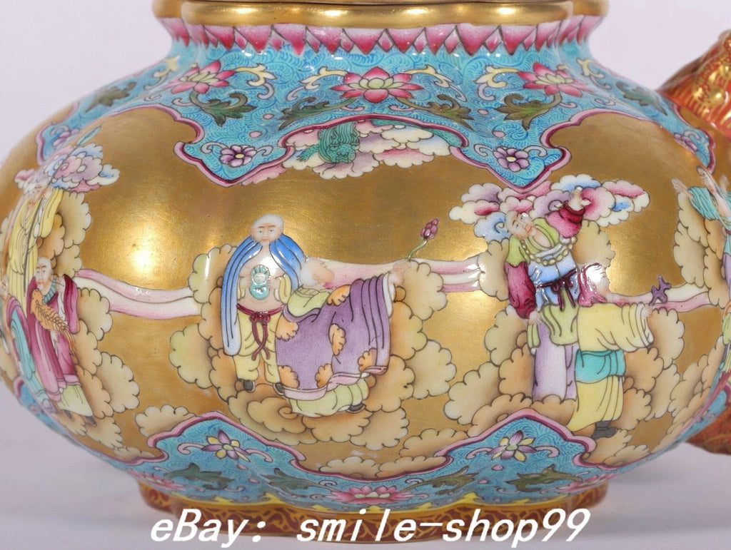 7.4" Qianlong Enamel Colour Porcelain Gold lohan Arhat Damo Dragon Kettle Pot