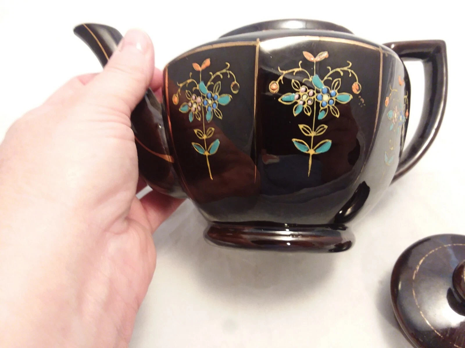 Japan Vintage Black Glazed Tea Pot Hand-painted Design Flowers Gold Trim Hexagon