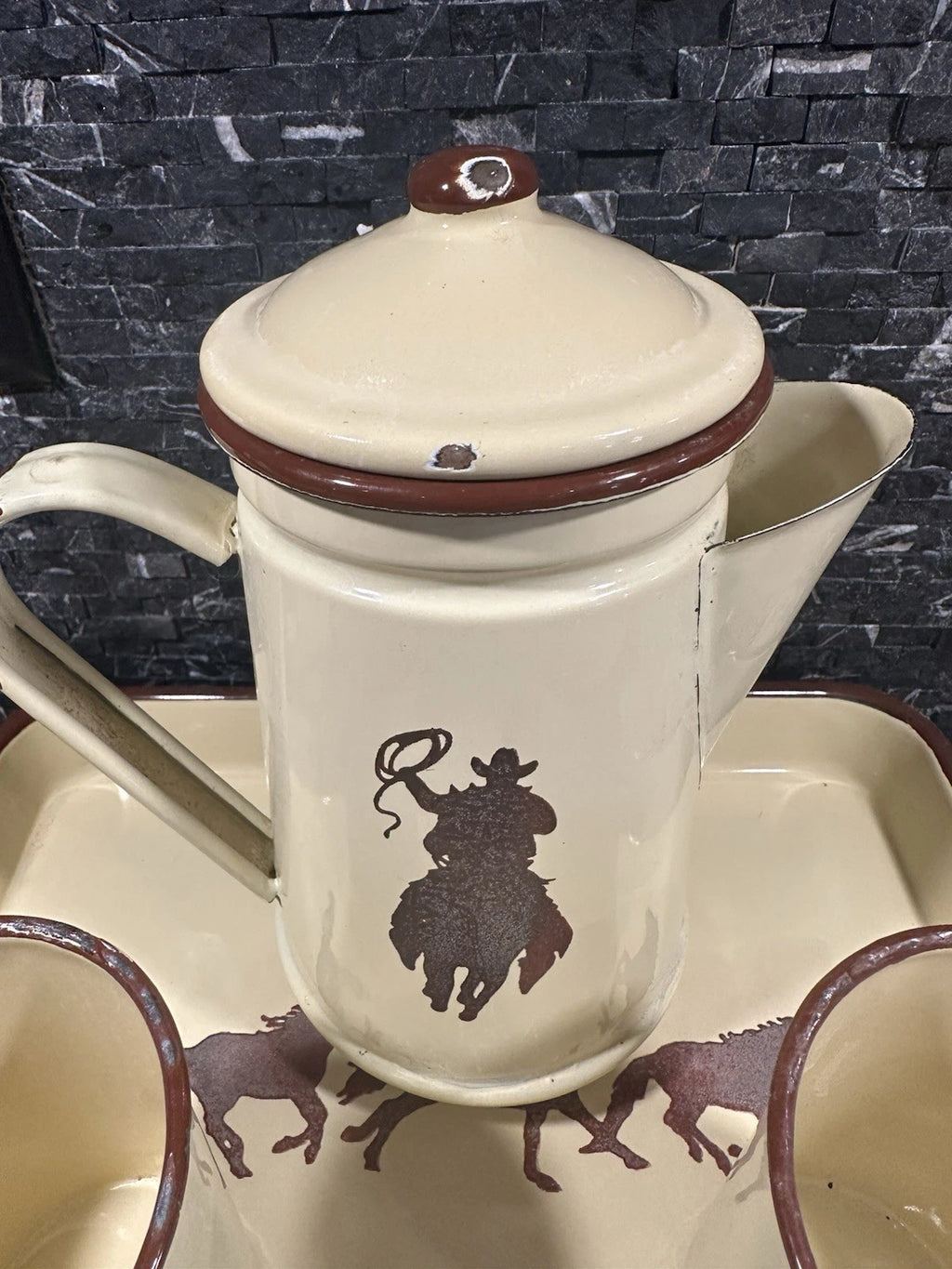Vintage Cowboy Enamelware Coffee Pot Cups & Tray Set Western Creative Co-Op