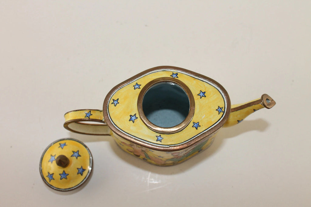 Vintage Collectible Kelvin Chen Enamel Miniature Yellow Teapot Santa w Reindeer