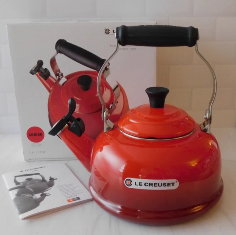 Le Creuset Enamel on Steel 1.7 Quart Whistling Tea Kettle in Cerise - New