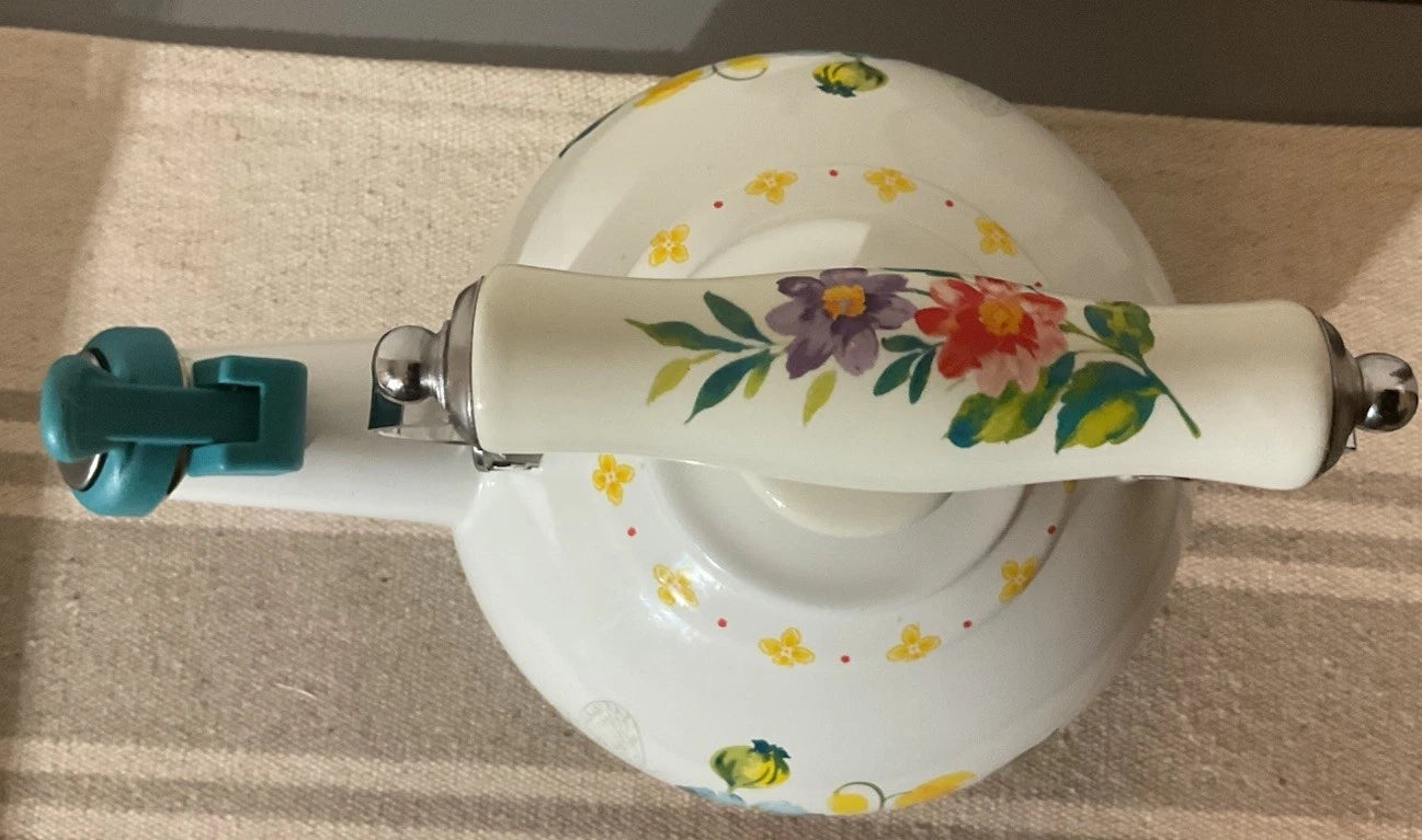 The Pioneer Woman Blooming Bouquet Whistling Tea Steel Tea Kettle White