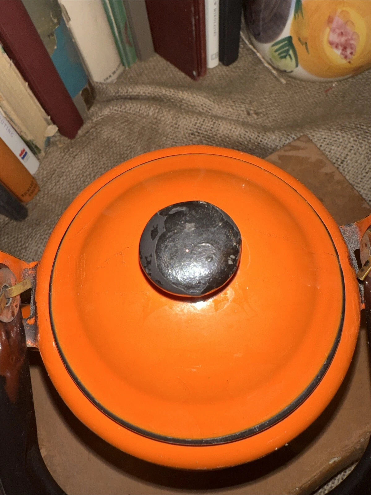 Vintage Orange Enamelware Metal Kettle Teapot  Oto Japan black handle