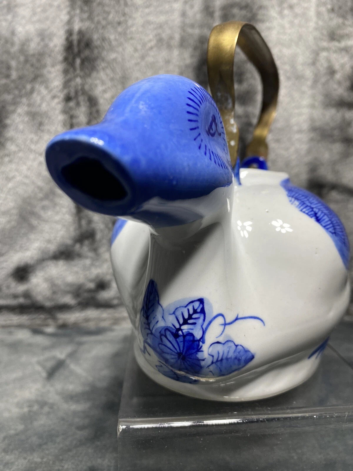 Vintage Duck Teapot, Tea Bag Holder Lid Blue White Floral Porcelain Metal Handle