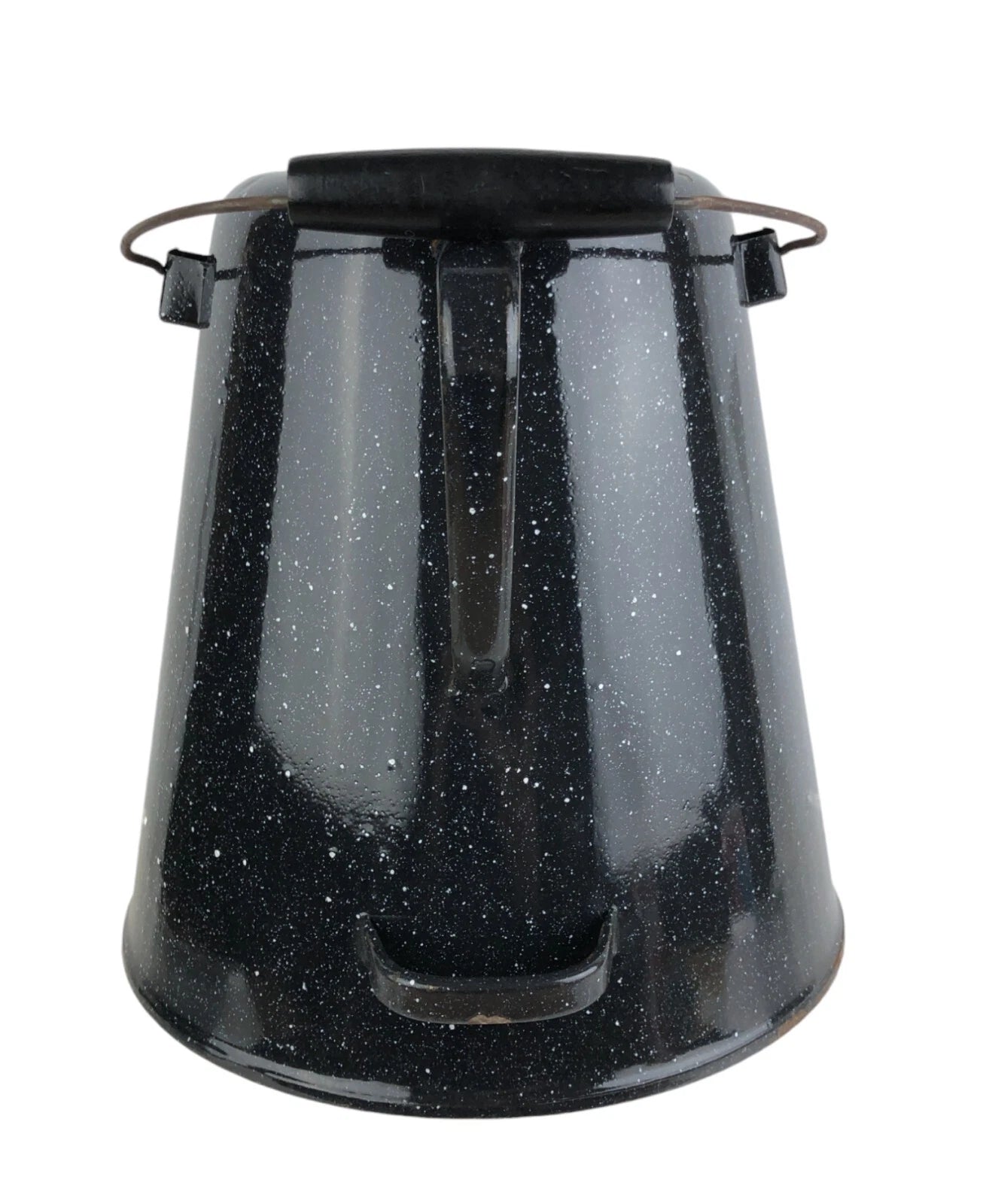 Vtg Enamelware Coffee Tea Pot Camping Kettle Black Speckled 10.5” Tall No Lid