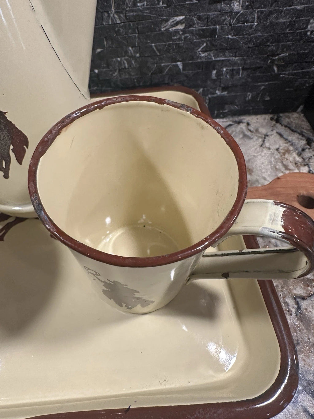 Vintage Cowboy Enamelware Coffee Pot Cups & Tray Set Western Creative Co-Op