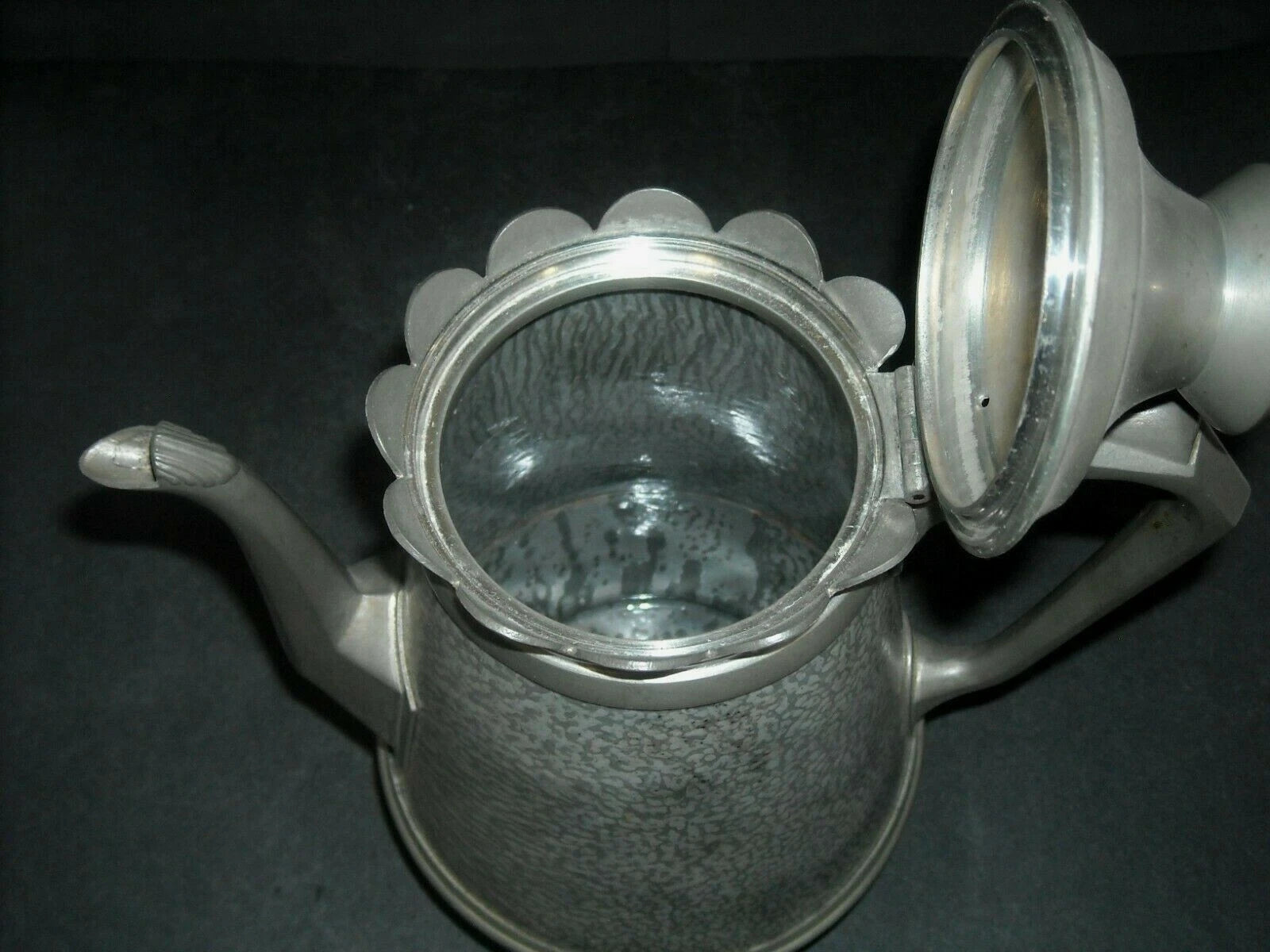 Early (1890 - 1905) Pewter-Trimmed Grey Graniteware Teapot - Enamel Ware