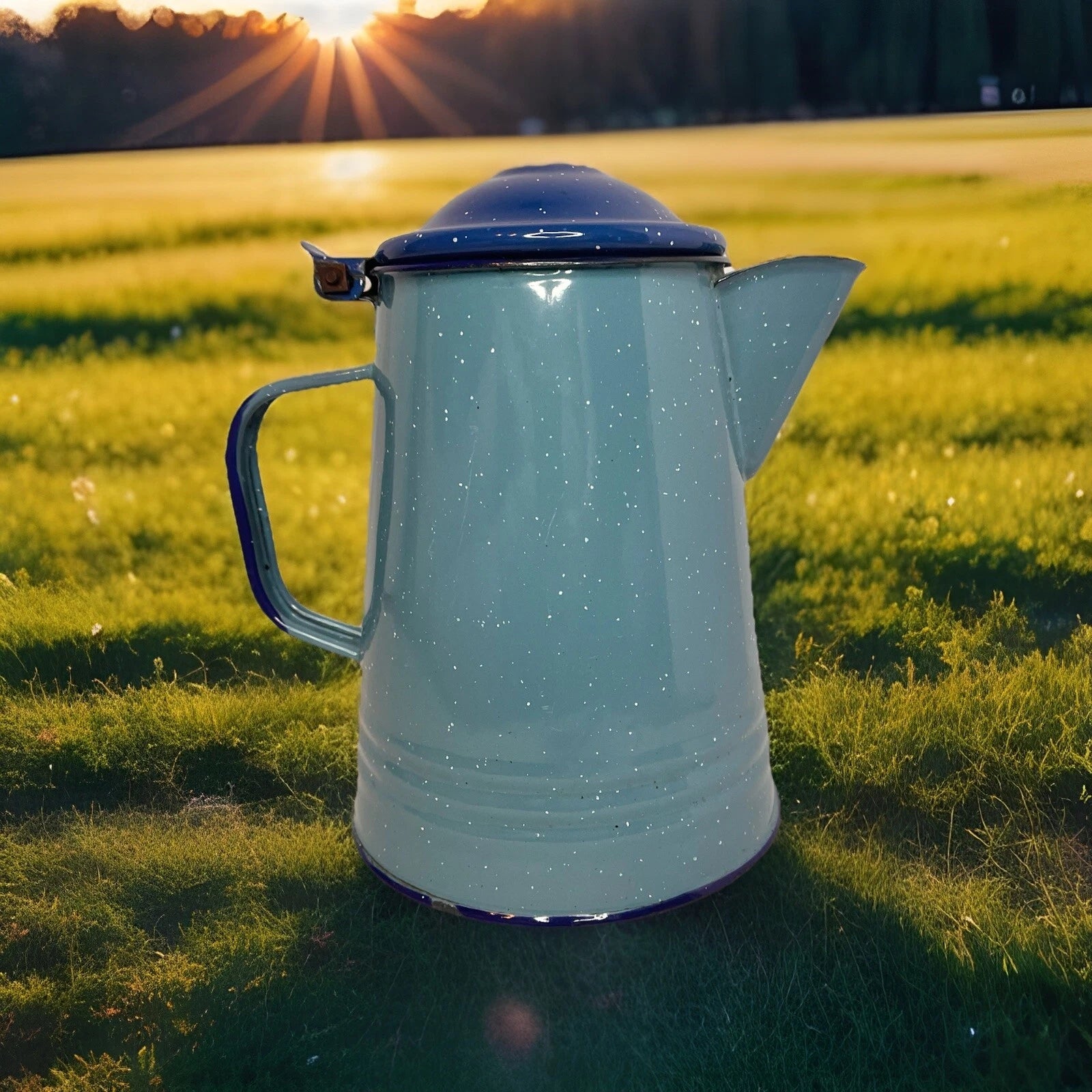 Vintage Enamel Ware Coffee Pot -2 Tone Blue Speckled