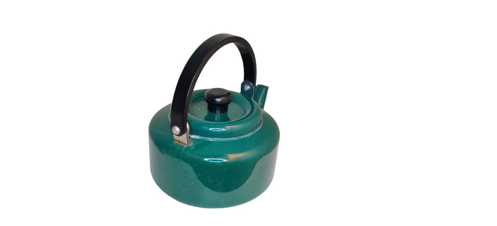 Vintage Teal Green Enamel Tea Kettle with Black Plastic Handle