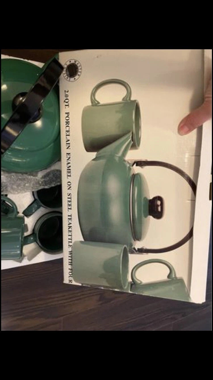 2QT Porcelain Enameled On Steel With 4 Cups New Set