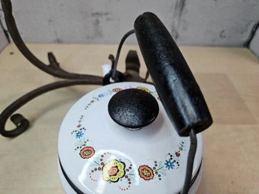Vintage Enamel Folk Art Tea Pot With Cast Iron Stand