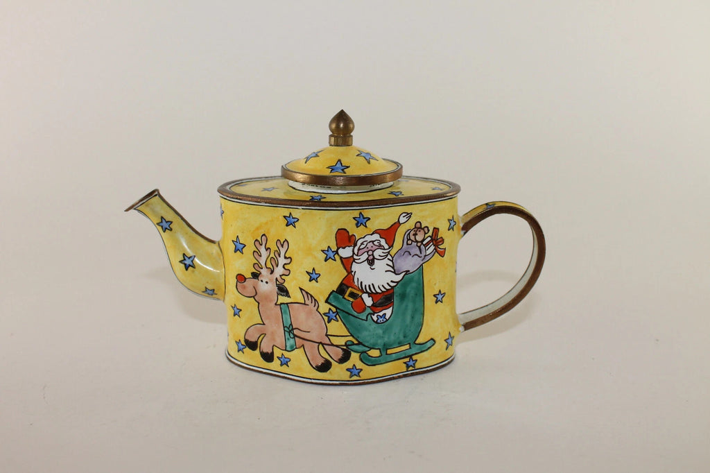 Vintage Collectible Kelvin Chen Enamel Miniature Yellow Teapot Santa w Reindeer